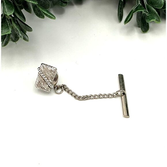 Vintage Silver-Tone Textured Tie Tack With Chain & Bar by Swank - Picture 2 of 3